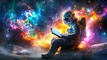 Poster - Astronaut reading in vibrant cosmic setting amid swirling galaxies and colorful nebulae