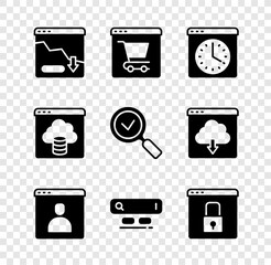 Sticker - Set Financial growth decrease, Browser window, Create account, Search engine, Secure your site with HTTPS, SSL, Cloud technology data transfer and Magnifying glass check mark icon. Vector