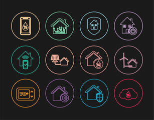 Poster - set line humidity, house with wind turbine, under protection, solar panel, smart home remote control