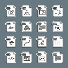 Sticker - Set line TXT file document, PNG, WMA, JPG, 3DS, OTF, RAW and DOC icon. Vector