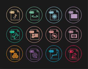 Fototapete - Set line AI file document, MP4, MAX, DOC, MSG, MP3, WMA and XML icon. Vector