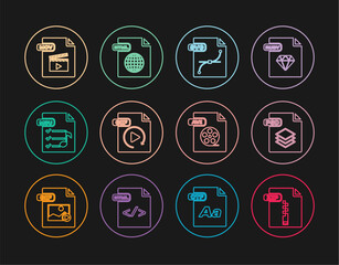 Poster - Set line ZIP file document, PSD, SVG, GIF, M3U, MOV, AVI and HTML icon. Vector
