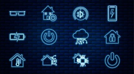 Fototapete - Set line Power button, House under protection, Thermostat, Battery, Glasses, Internet of things and Smart home icon. Vector