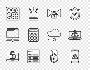 Poster - Set line Laptop and lock, Mobile with exclamation mark, Mail message password, Server, Data, Web Hosting, Graphic protection, Password, Lock and icon. Vector