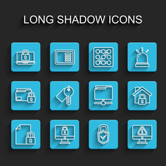 Poster - set line document and lock, lock on computer monitor, laptop, check mark, monitor with exclamation, 