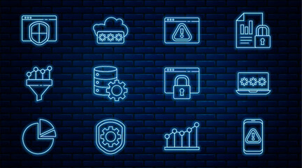 Fototapete - Set line Mobile with exclamation mark, Laptop password, Browser, Server and gear, Sales funnel chart, shield, Secure your site HTTPS, SSL and Password protection icon. Vector