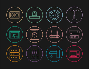 Poster - Set line Microwave oven, Multimedia and TV box, Robot vacuum cleaner, Washer, Warehouse, Electrical outlet, Router wi-fi signal and Security camera icon. Vector