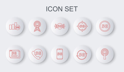 Poster - Set line Antenna, 5G network, Phone with and Mobile icon. Vector