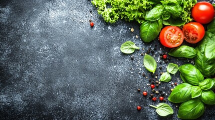 Sticker - Fresh tomatoes and basil leaves arranged on a textured dark surface for culinary display