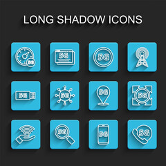 Poster - Set line 5G network, Search, Digital speed meter, Mobile with, Phone, and Location icon. Vector