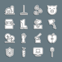 Wall Mural - Set line Shovel, Apple, Watering can, Seeds, Waterproof rubber boot, Well, Farm house and icon. Vector