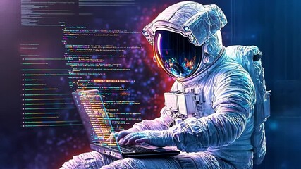 Poster - Astronaut coding in space with vibrant cosmic background and illuminated data streams