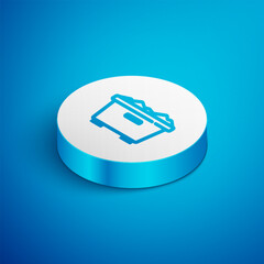 Poster - Isometric line Trash can icon isolated on blue background. Garbage bin sign. Recycle basket icon. Office trash icon. White circle button. Vector
