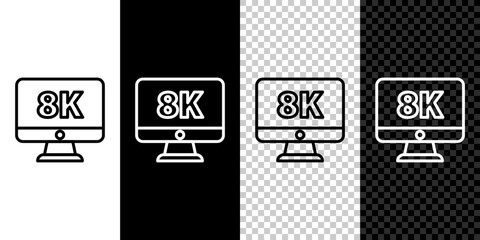 Poster - set line computer pc monitor display with 8k video technology icon isolated on black and white backg