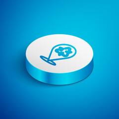 Poster - Isometric line Recycle symbol icon isolated on blue background. Circular arrow icon. Environment recyclable go green. White circle button. Vector