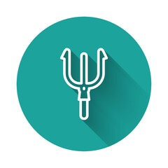 Poster - White line Neptune Trident icon isolated with long shadow background. Green circle button. Vector