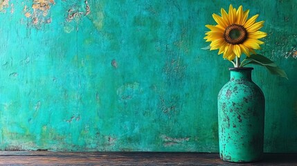 Canvas Print - Sunflower in a rustic green vase against a vibrant textured backdrop