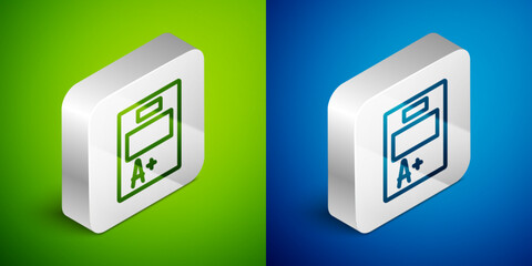 Poster - Isometric line Exam sheet with A plus grade icon isolated on green and blue background. Test paper, exam, or survey concept. School test or exam. Silver square button. Vector