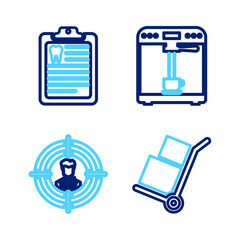 Poster - Set line Hand truck and boxes, Head hunting, Coffee machine cup and Clipboard with dental card icon. Vector