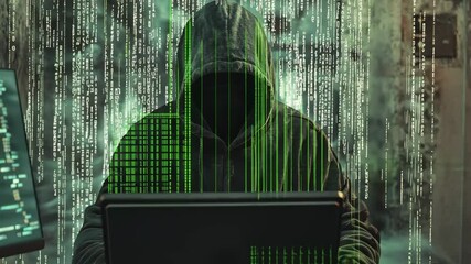 Poster - Hacker manipulating code in dimly lit room to disrupt computer systems and networks, hacker manipulating code to disrupt a computer system