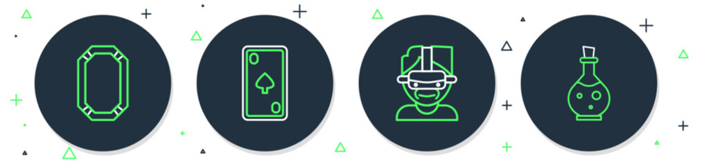 Poster - Set line Playing card with diamonds, Virtual reality glasses, Poker table and Bottle magic elixir icon. Vector