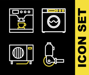 Poster - Set line Washer, Angle grinder, Air conditioner and Coffee machine and cup icon. Vector