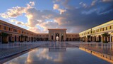 Grand plaza reflecting sunset, ornate arch, people strolling.