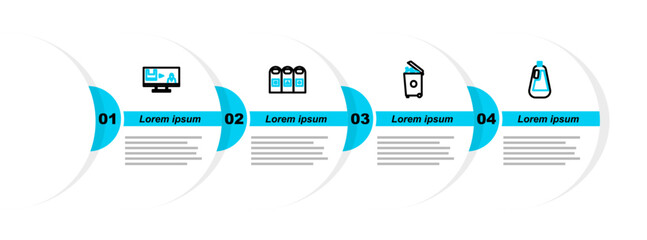 Poster - Set line Bottle for dishwashing liquid, Trash can, garbage cans sorted and Stop plastic pollution icon. Vector