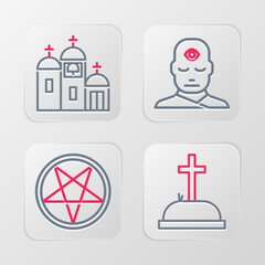 Poster - Set line Tombstone with cross, Pentagram in a circle, Man third eye and Church building icon. Vector