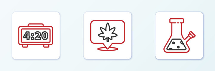 Poster - set line glass bong for smoking cannabis, digital alarm clock and location and icon. vector