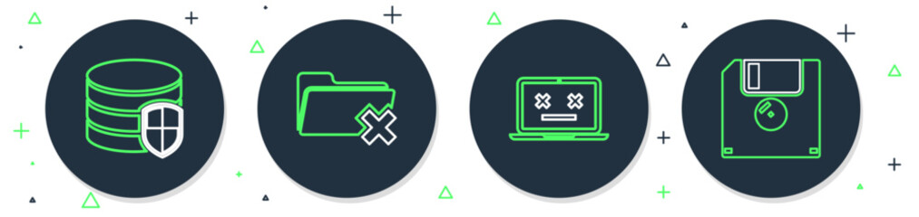 Poster - Set line Delete folder, Dead laptop, Database protection and Floppy disk icon. Vector