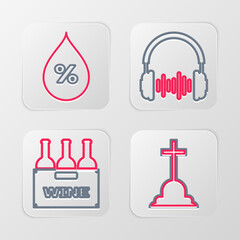 Poster - Set line Tombstone with cross, Bottles of wine in box, Headphone and sound waves and Water drop percentage icon. Vector