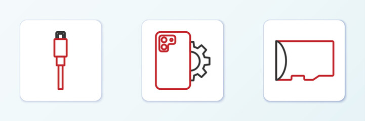 Poster - Set line Micro SD memory card, USB cable cord and Phone repair service icon. Vector