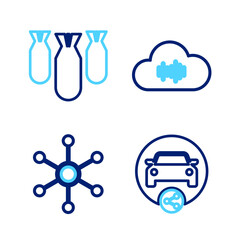 Poster - set line car sharing, network, music streaming service and aviation bombs icon. vector