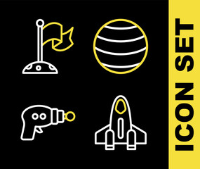 Poster - set line planet, rocket ship, ray gun and moon with flag icon. vector