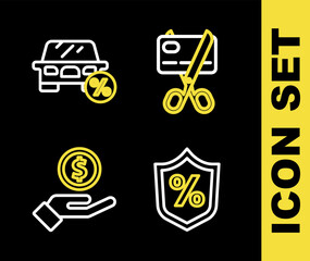 Poster - Set line Scissors cutting a credit card, Loan percent, Hand giving money and Car leasing icon. Vector