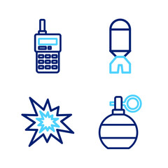 Poster - set line hand grenade, bomb explosion, rocket launcher and walkie talkie icon. vector