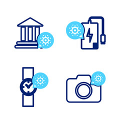 Poster - Set line Photo camera setting, Wrist watch, Power bank and Bank building icon. Vector
