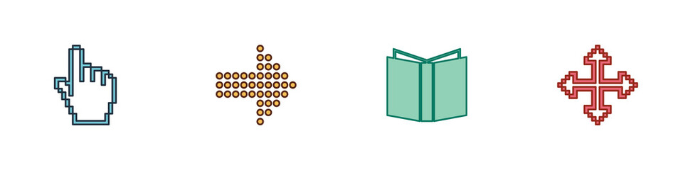 Poster - set pixel hand cursor, dots arrow, open book and arrows in four directions icon. vector
