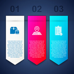 Poster - set cargo ship with boxes, placeholder on map and verification of delivery list. business infographi