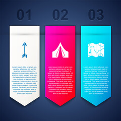 Poster - set hipster arrow, tourist tent and location of the forest on map. business infographic template. ve