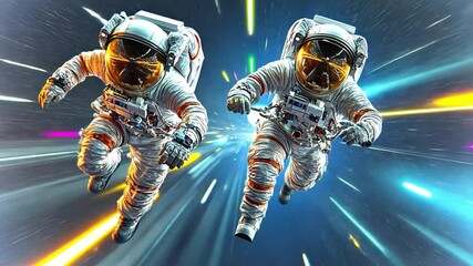 Poster - Exploring deep space with astronauts traveling through vibrant cosmic landscapes