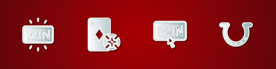 Poster - Set Casino win, chip and playing cards, Slot machine spin button and Horseshoe icon. Vector