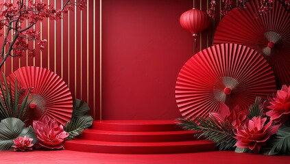 Poster - A minimalist 3D render of an empty podium with a Chinese Lunar New Year theme, incorporating a display stand for product presentation. Traditional Chinese textures are applied