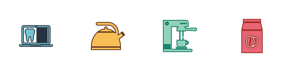 Poster - Set Laptop with dental card, Kettle handle, Coffee machine cup and beans bag icon. Vector