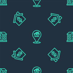 Poster - set line location with house, house dollar symbol and on seamless pattern. vector
