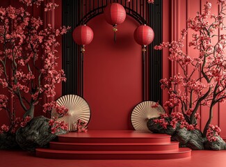 Poster - Chinese traditional texture blended with Chinese lunar new year theme in 3D abstract minimal geometric designs