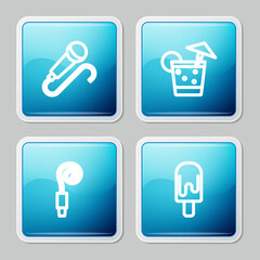 Poster - set line microphone, cocktail, birthday party horn and ice cream icon. vector