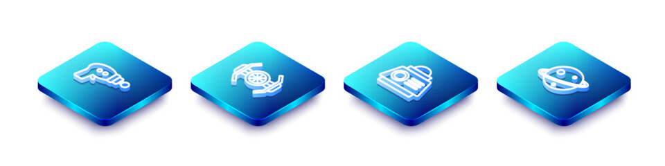 Poster - set isometric line ray gun, cosmic ship, space capsule and planet saturn icon. vector