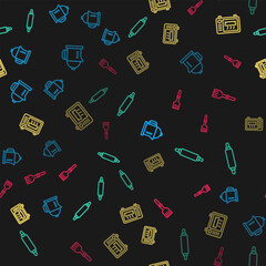 Poster - Set line French press, Rolling pin, Microwave oven and Fork on seamless pattern. Vector